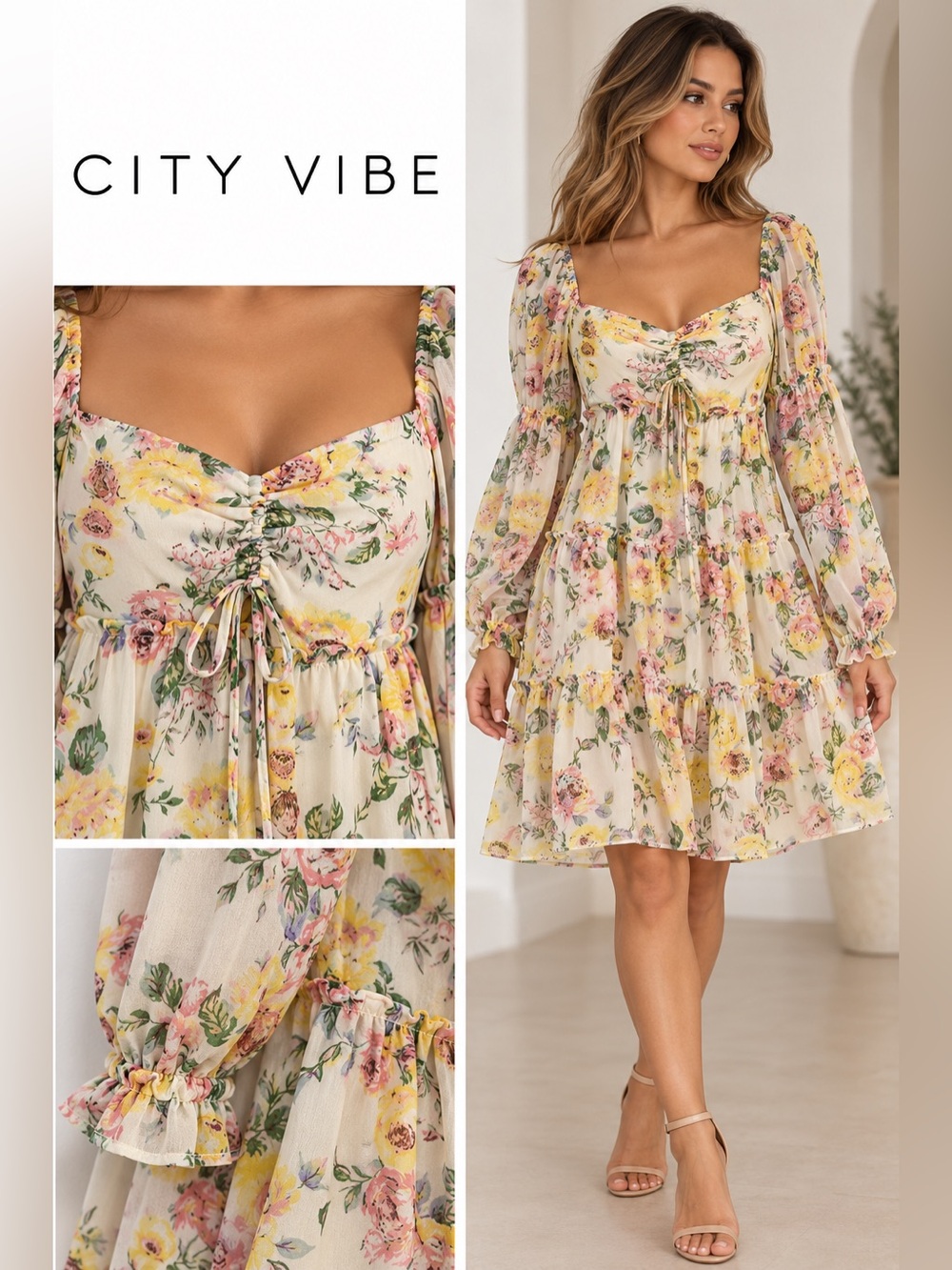 City Vibe Floral Tiered Babydoll Blouse Cream Multi Size 1
